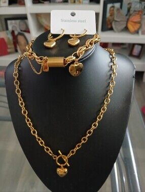 Stainless Steel Gold Heart Pendant Necklace and Bracelet Set - Stainless Steel